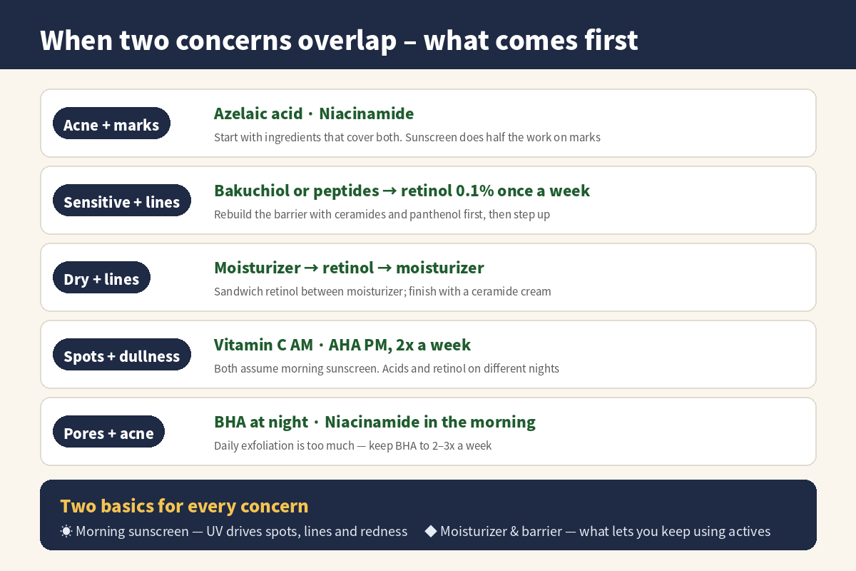 When two skin concerns overlap – acne and marks, sensitive skin and lines, dryness and lines, spots and dullness, pores and acne: what comes first