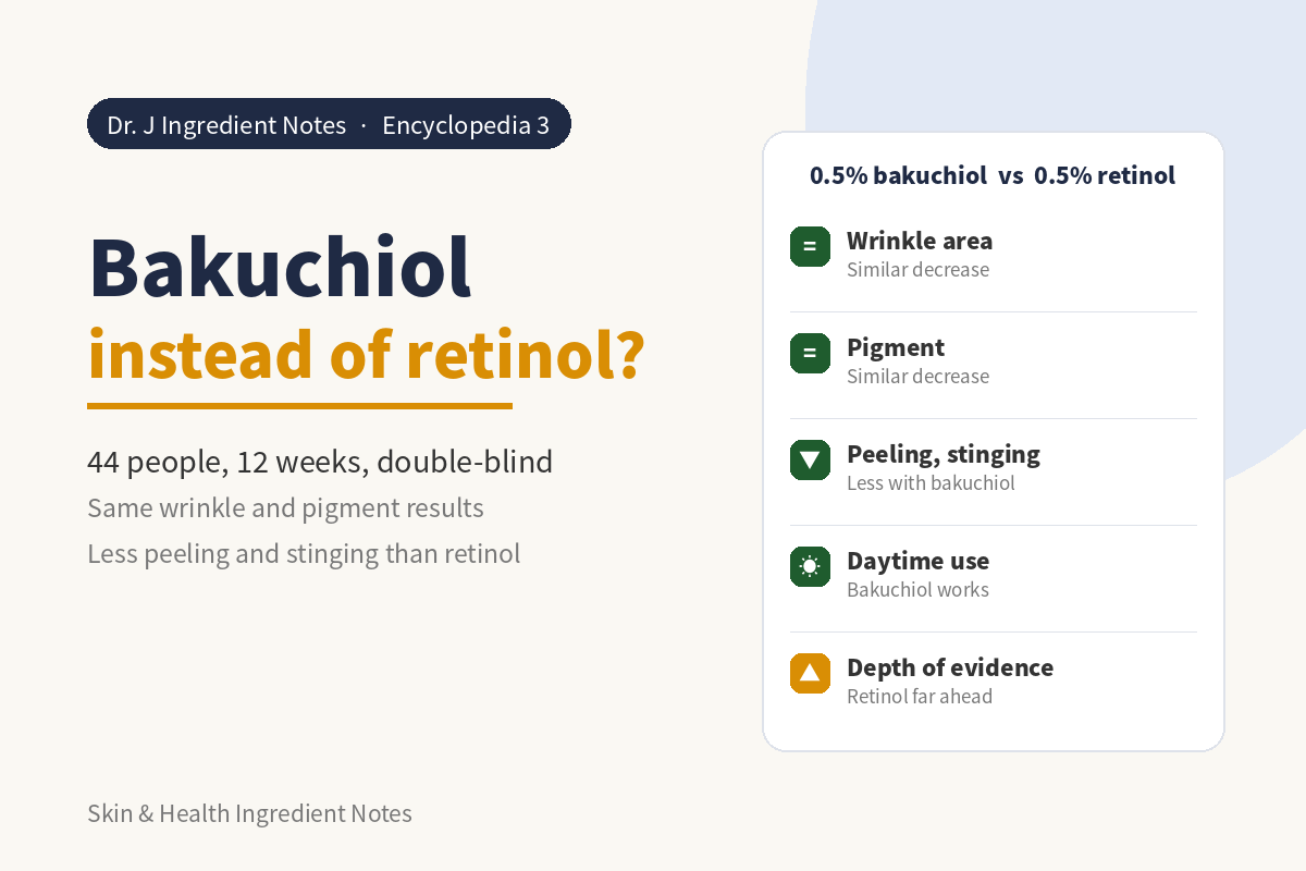 Bakuchiol instead of retinol - 44 people, 12 weeks, double-blind: 0.5% bakuchiol twice daily matched 0.5% retinol on wrinkles and pigment with less peeling and stinging, Dr. J Ingredient Notes cover