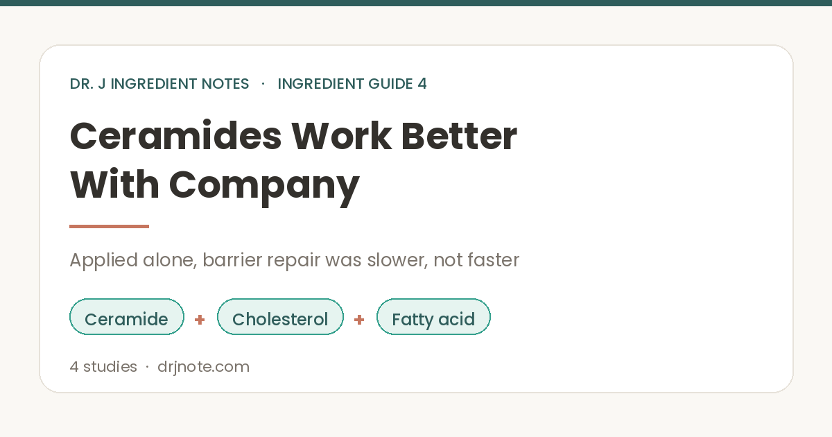 Cover image for Ceramides Work Better With Company. Dr. J Ingredient Notes guide 4, summarising four studies showing that skin barrier repair was faster when ceramide, cholesterol and fatty acid were applied together.