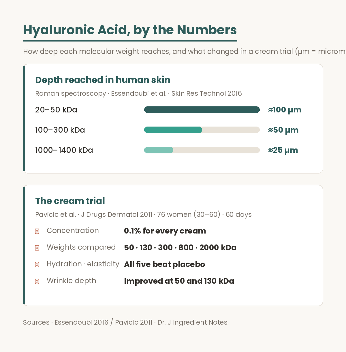 Hyaluronic acid evidence summary. Depth reached in human skin measured by Raman spectroscopy: 20 to 50 kilodaltons about 100 micrometers, 100 to 300 kilodaltons about 50 micrometers, 1000 to 1400 kilodaltons about 25 micrometers, Skin Research and Technology 2016. In a 60-day cream trial with 76 women aged 30 to 60 at a fixed 0.1 percent, all five molecular weights improved hydration and elasticity versus placebo, and wrinkle depth improved with 50 and 130 kilodaltons, Journal of Drugs in Dermatology 2011.