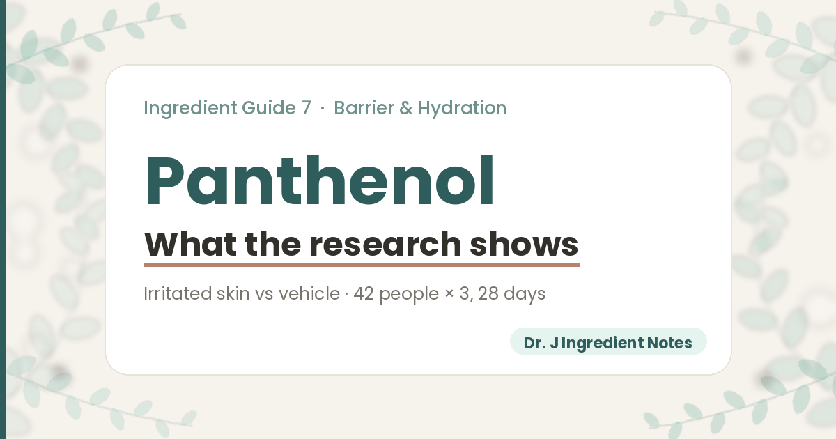Cover image for a Dr. J Ingredient Notes guide on panthenol, ingredient guide 7. What the research shows about panthenol for skin: a dexpanthenol cream tested against the same cream without it on irritated skin, and three 28-day studies of panthenol moisturisers on very dry skin with 42 people each.