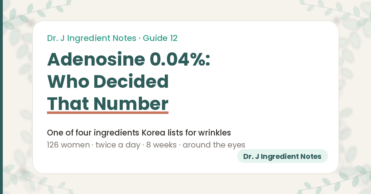 Cover image for a Dr. J Ingredient Notes guide on what adenosine 0.04% means, ingredient guide 12. Adenosine is one of the four ingredients Korea's notification lists for the wrinkle-improvement claim, the listed level is 0.04 percent, and the guide covers a trial in which 126 women aged 45 to 65 applied it around the eyes twice a day for 8 weeks.