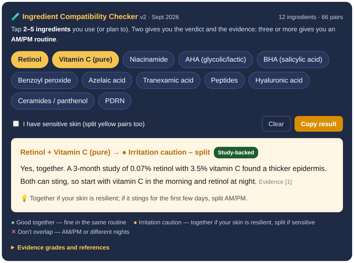 Checker screen – retinol and vitamin C selected, verdict and study-backed evidence with a usage tip