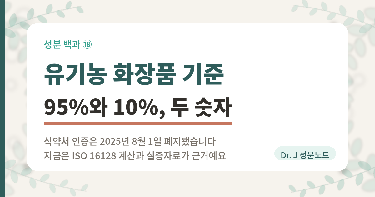 유기농 화장품과 천연화장품의 표시 기준을 다루는 글의 표지 이미지. 천연 원료 함량 95퍼센트와 유기농 원료 함량 10퍼센트라는 두 숫자가 기준이고, 식약처의 천연·유기농화장품 인증은 2025년 8월 1일에 폐지되어 지금은 ISO 16128 계산과 실증자료가 근거가 된다는 것을 정리한 Dr. J 성분노트 성분 백과 18편의 표지.