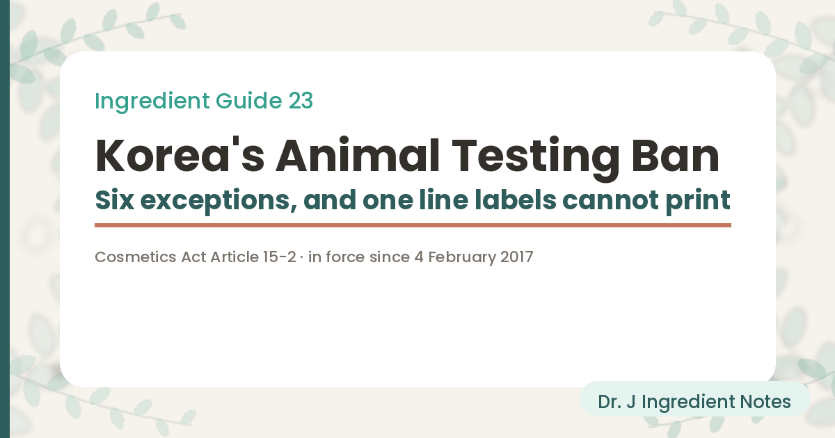 Cover image for a Dr. J Ingredient Notes article on Korea's ban on selling animal-tested cosmetics. It shows the title Korea's Animal Testing Ban, the line six exceptions and one line labels cannot print, and a reference to Cosmetics Act Article 15-2, in force since 4 February 2017.