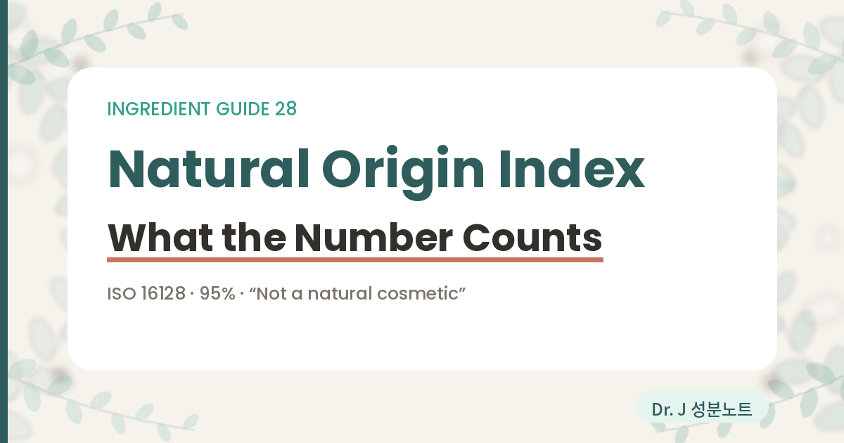 Cover image for an article on the natural origin index printed on Korean cosmetic packaging. A 2025 industry guide from the Korea Cosmetic Association defines a natural cosmetic as one whose natural and natural-origin content reaches 95 percent of the finished product by weight, calculated under the ISO 16128-2 guideline, and an organic cosmetic as one with organic content of 10 percent or more while natural content stays at 95 percent or more. A product below the threshold may not call an ingredient natural on the pack, but it may print the index itself when the calculation basis is shown. The Korean Ministry of Food and Drug Safety guideline then requires the words Not a natural cosmetic beside that index, while ISO 16128 states that it does not address product communication, human safety or environmental safety. Dr. J Ingredient Notes.